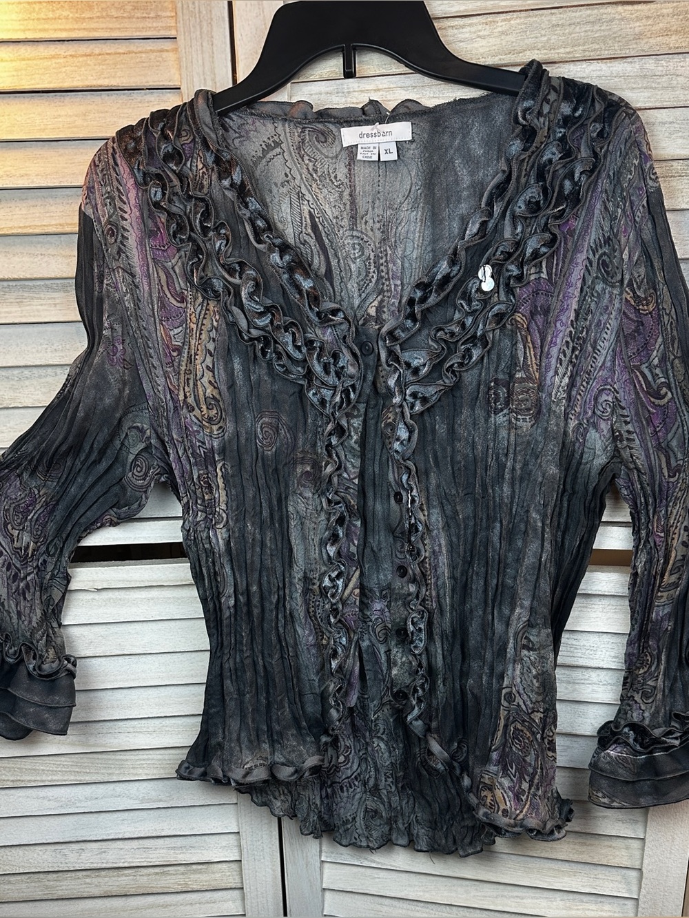 Vintage Crinkle Ruffled Sheer Gray & Purple Paisley Long Bell sleeve top XL Y2K - Picture 2 of 12